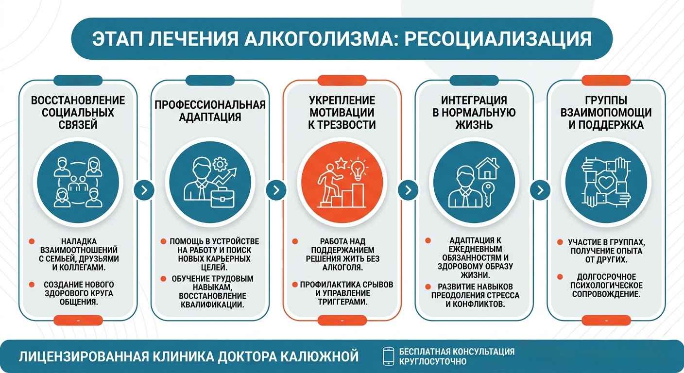 Инфографика этапа ресоциализации в клинике доктора Калюжной: 5 шагов возвращения к здоровой жизни, восстановление социальных связей и трудовая адаптация